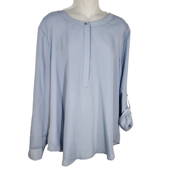Ann Taylor Blouse Womans Size XL Blue Long Roll Tab Sleeve Popover Hidden Button - Picture 1 of 10